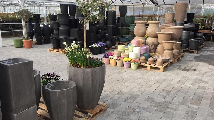 Et væksthus med forskellige blomsterpotter i forskellige størrelser og farver, herunder grå, sorte og pastelfarver.