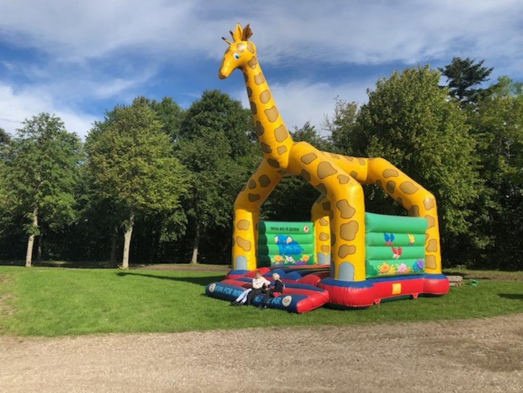 En oppustelig girafhoppeborg i en park med grønne træer i baggrunden.