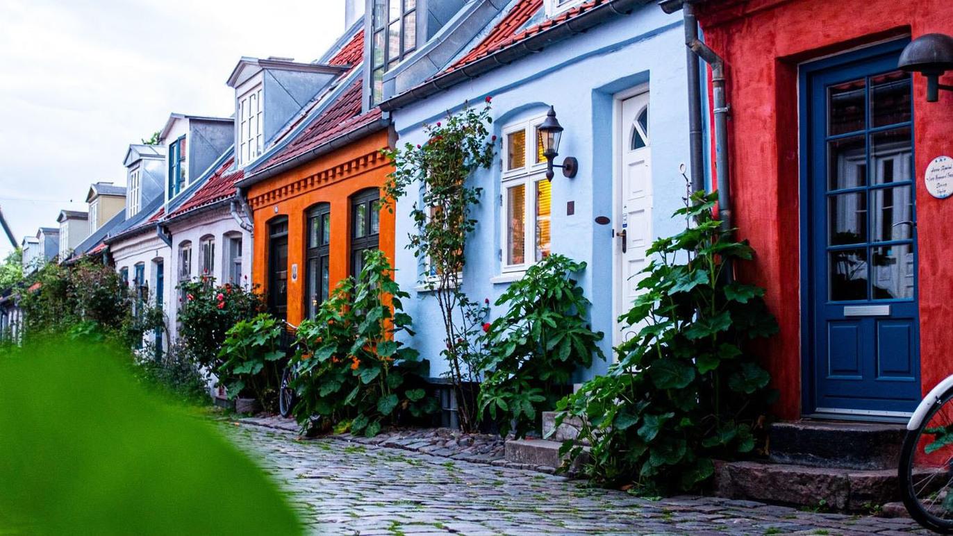 Farverige huse langs en brostensbelagt gade med planter og cykler i en hyggelig bydel.