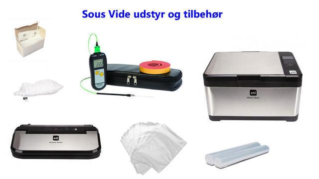 Sous vide udstyr og tilbehør, herunder vakuumforsegler, termometer og sous vide maskine.