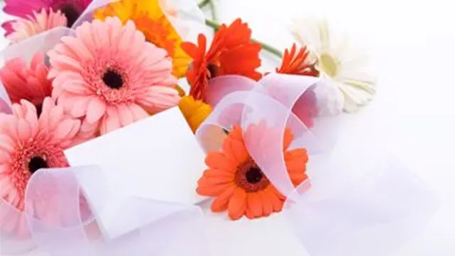 Farverige blomster med bånd og et kort på en hvid baggrund, perfekt til en gave eller fest.