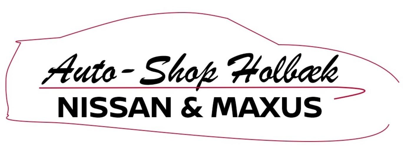 Auto-Shop Holbæk logo med teksten "Nissan & Maxus" i sort og rød skrifttype på hvid baggrund.