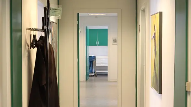 En lang korridor med grønne vægge, en åben dør til et rum og malerier på væggene.