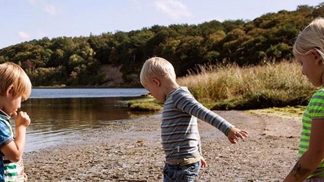 Tre børn leger ved vandkanten, mens de udforsker stranden og nyder det solrige vejr.