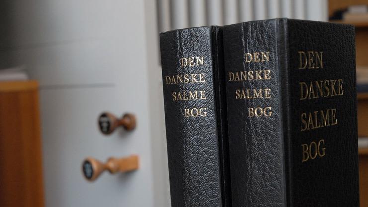 To bøger med titlen "Den Danske Salme Bog" står på en hylde i et lyst rum.