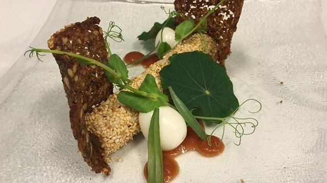 En elegant anretning med sprøde sesamchips, friske ærteskud, og en cremet kugle på en sauce.