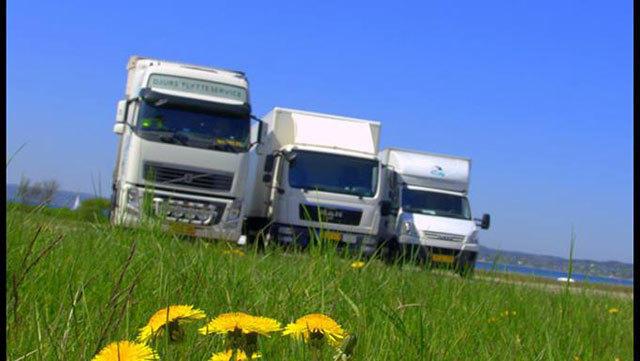 Tre lastbiler parkeret langs en vej med blomstrende mælkebøtter i forgrunden og en blå himmel i baggrunden.