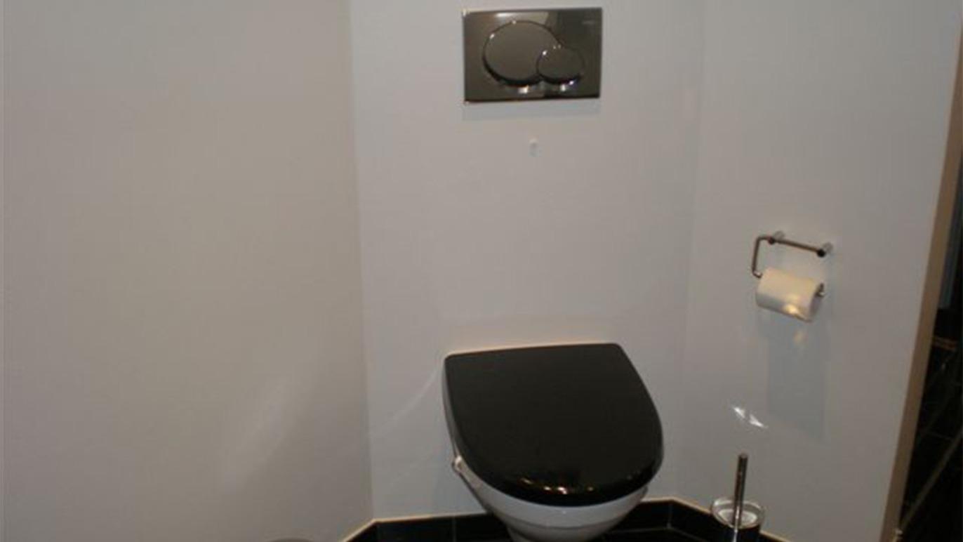 Et moderne toilet med sort sæde, toiletpapirholder og en vægmonteret skylleknap.