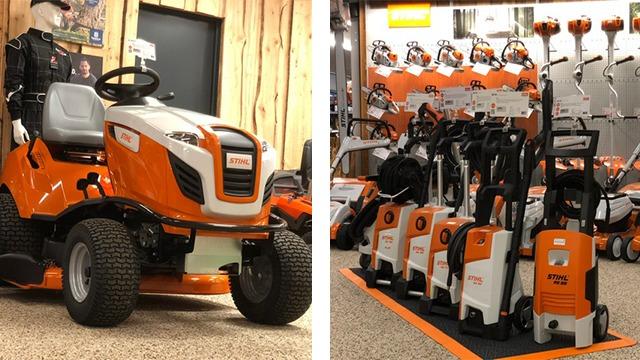 Billede af en orange plæneklipper og en række orange havemaskiner i en butik.