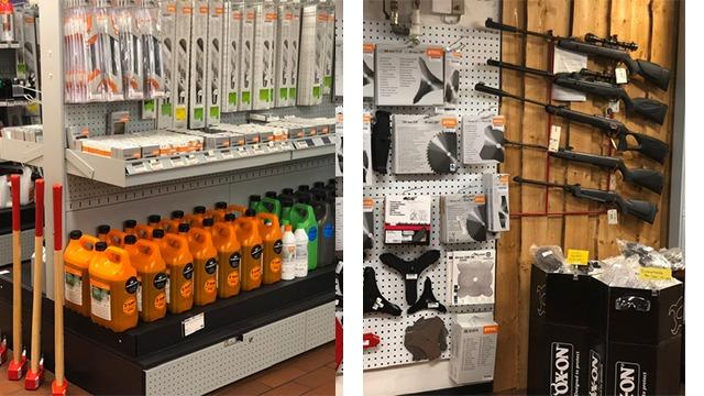 Værktøjsafdeling med malerredskaber, rengøringsmidler og jagtvåben på hylderne i en butik.