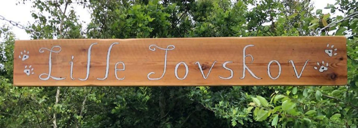 Skilt med teksten "Lille Tøjskov" i en skov med grønne træer i baggrunden.