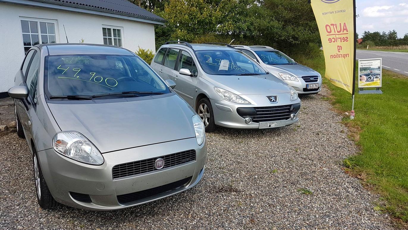 Fire biler parkeret ved en vej, herunder en sølvgrå Fiat og en Peugeot, foran en hvid bygning.