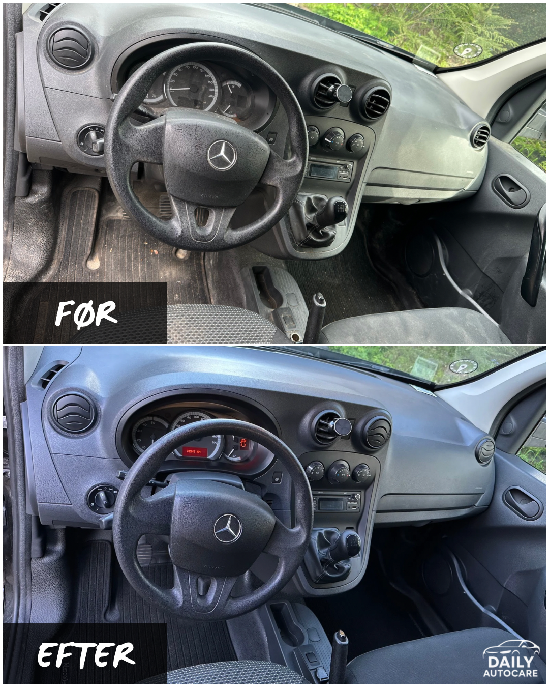 Billede af en bils interiør før og efter rengøring, med fokus på rat og kontrolpanel i en Mercedes.