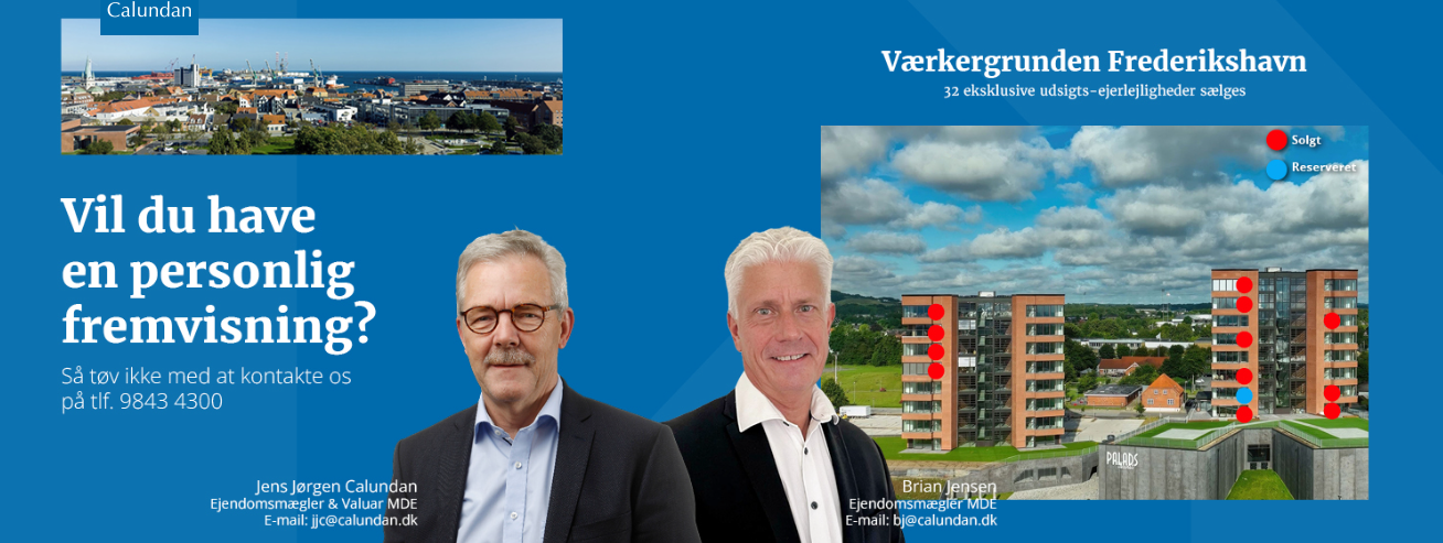 To mænd står foran en illustration af en ny boligbygning i Frederiksberg med udsigt over byen.