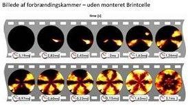 Billede af forbrændingskammer med forskellige faser uden monteret Brintcelle, viser flammeudvikling og temperaturændringer.