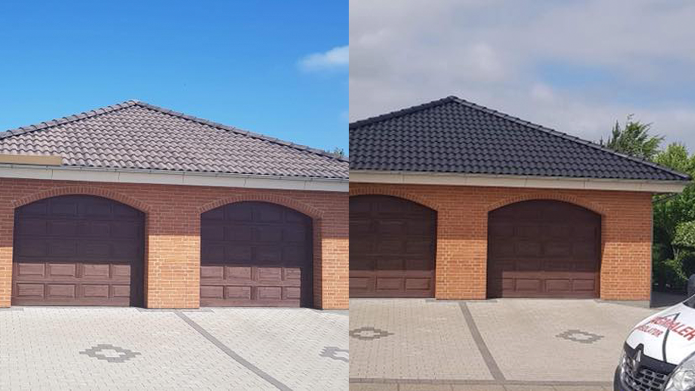 Før og efter billeder af en garage med teglsten, der viser farveændring på taget og murstensvægge.