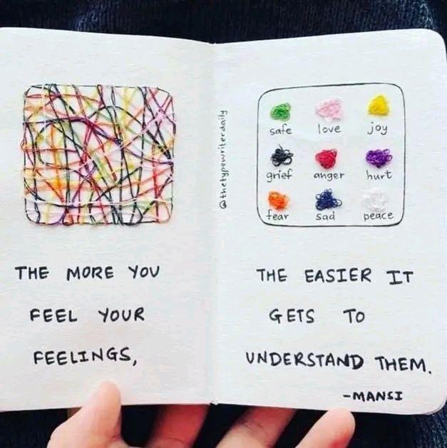 En hånd, der holder en åben notesbog med farverige illustrationer og citater om følelser og forståelse.