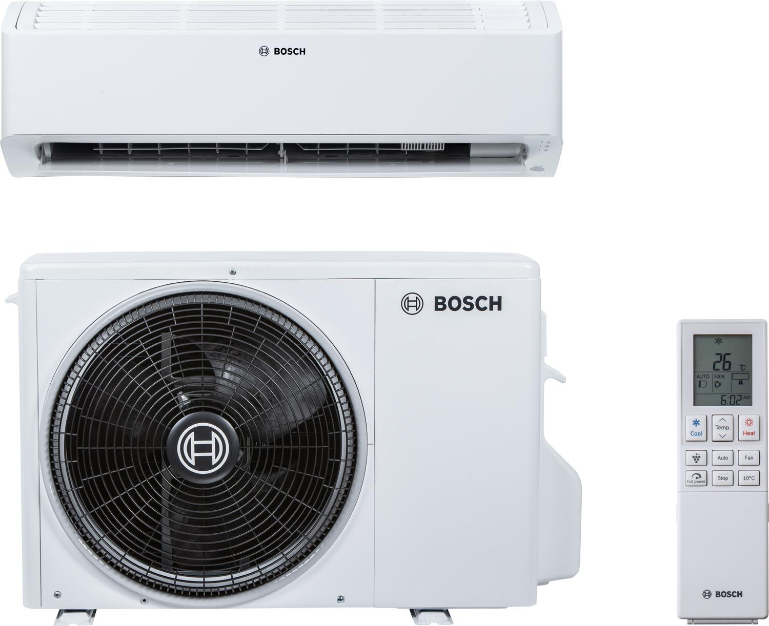 Bosch klimaanlæg med indendørs og udendørs enhed samt fjernbetjening til temperaturjustering.
