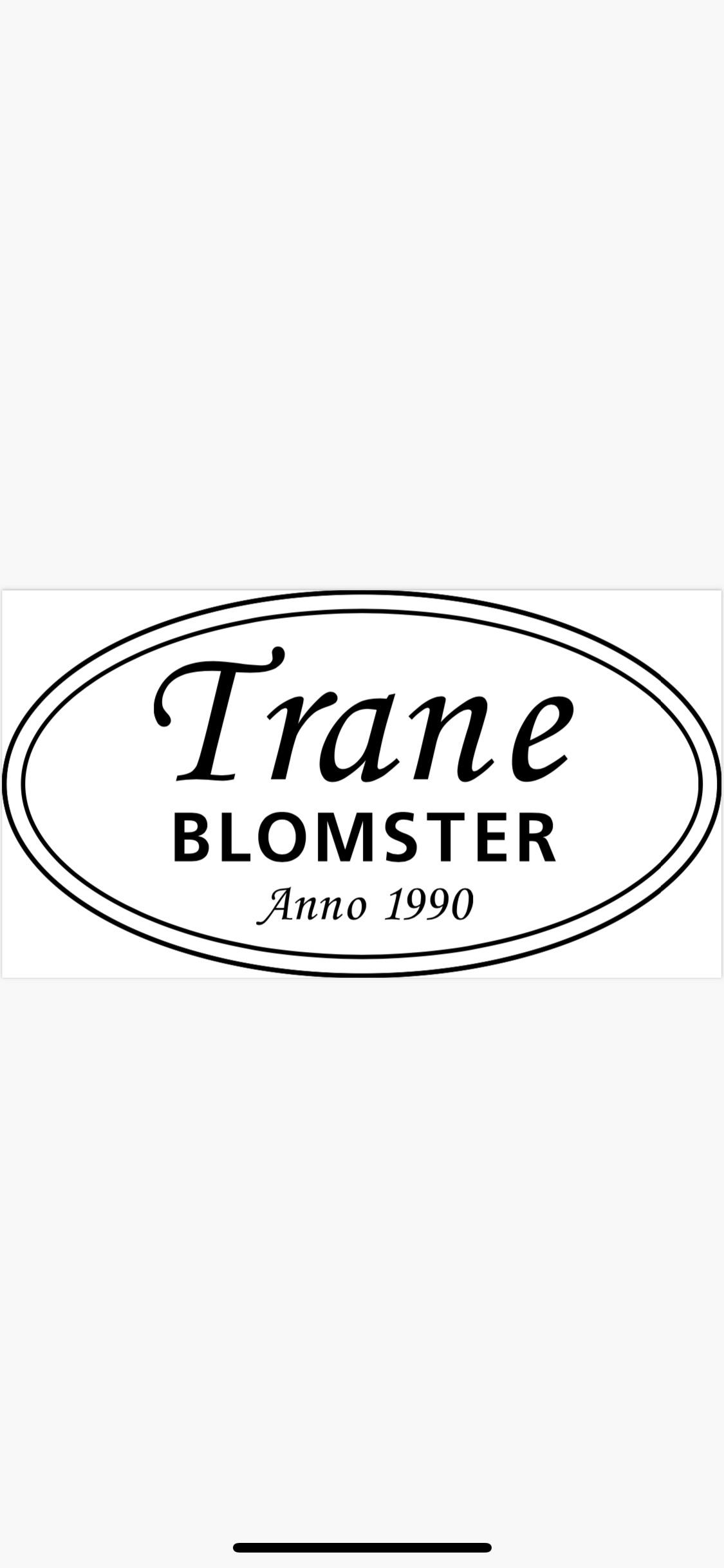 Trane Blomster logo fra 1990 med elegant skrifttype i sort på hvid baggrund.