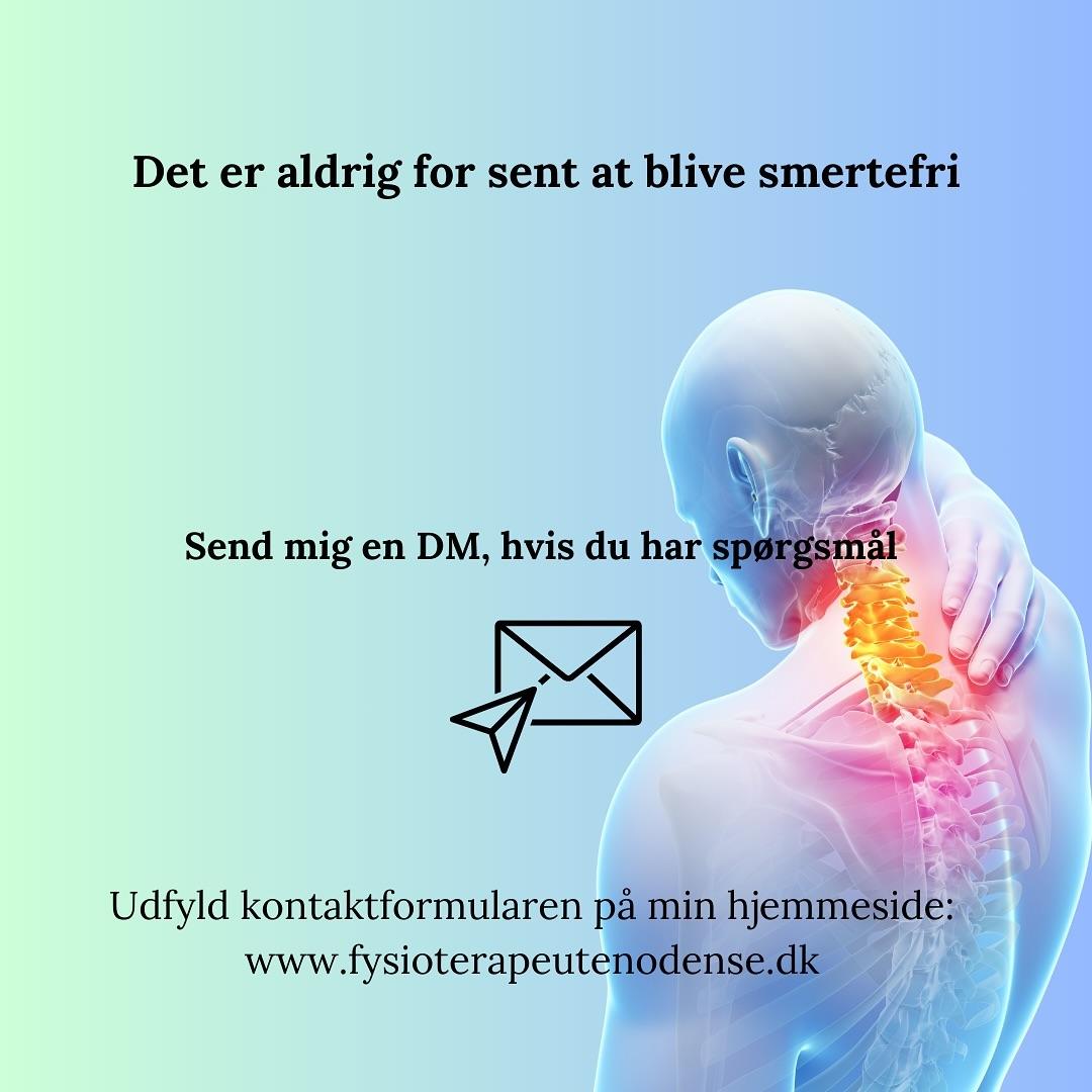 En person med rygsmerter, der opfordres til at blive smertefri, med kontaktinformationer til fysioterapeut.