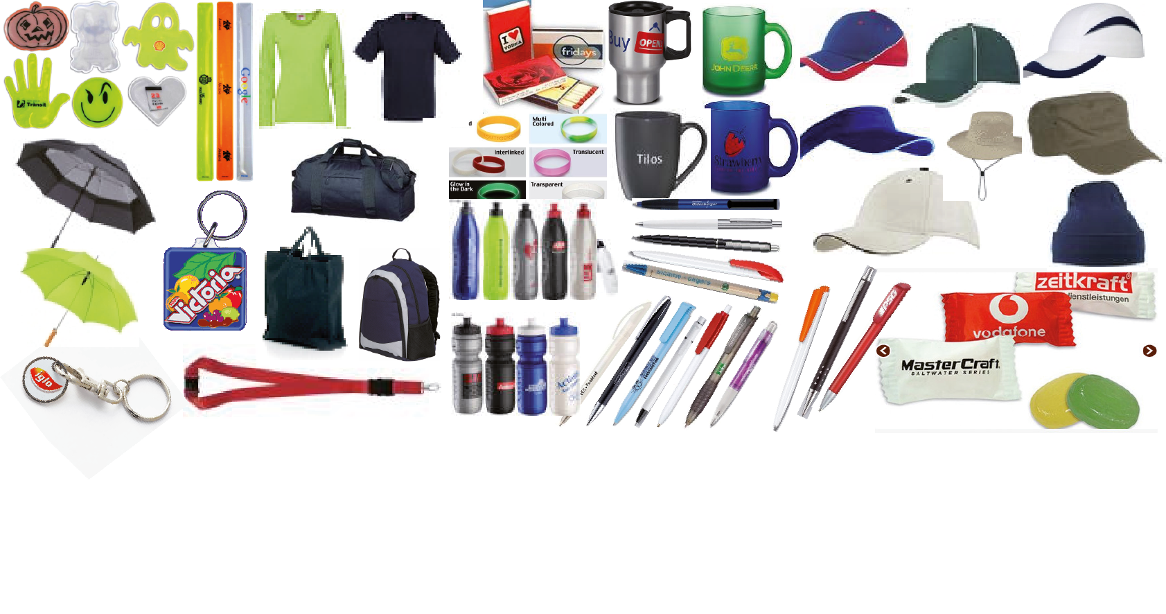 En samling af reklameartikler som t-shirts, krus, kasketter, tasker, kuglepenne og paraplyer.