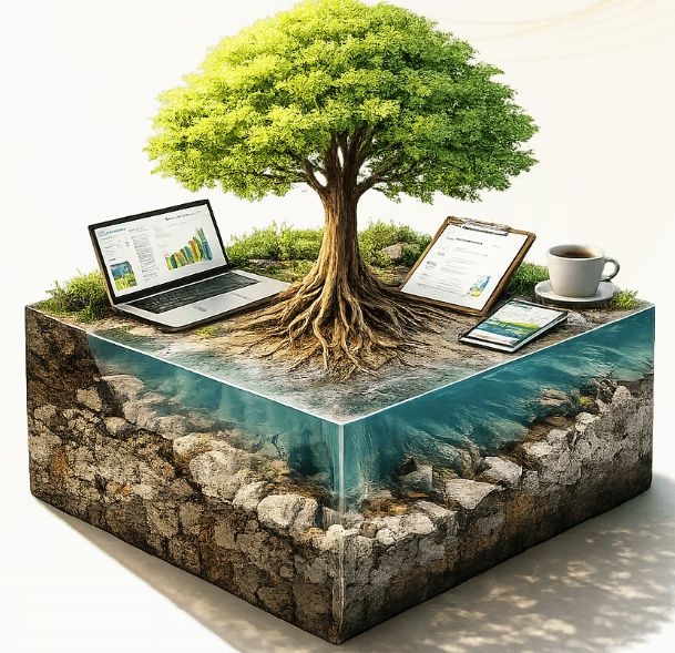 Et kreativt design med et træ, der vokser fra en firkantet base med vand, laptops, en tablet og en kop kaffe.