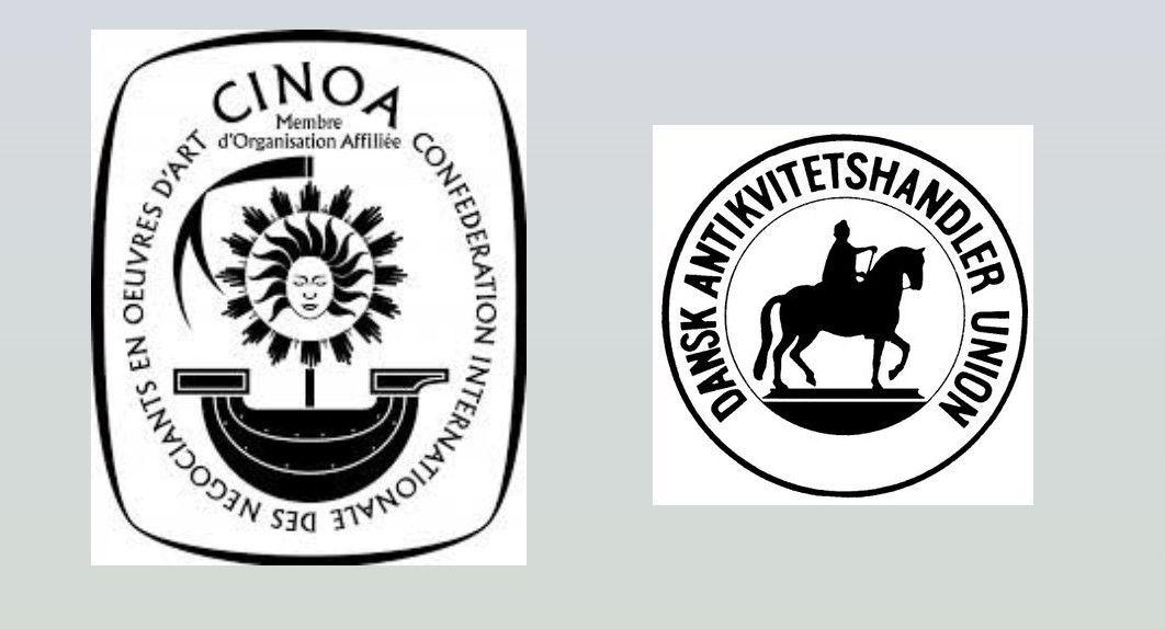 Logoer for CINOA og Dansk Antikvitetshandler Union med symboler og tekst.