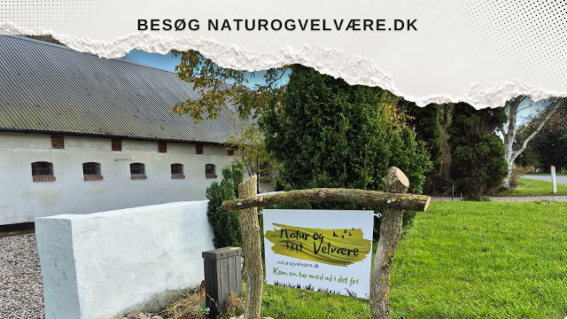 Skilt ved indgangen til Natur og Velvære med teksten "Besøg naturogvelvære.dk" og en grøn græsplæne i baggrunden.