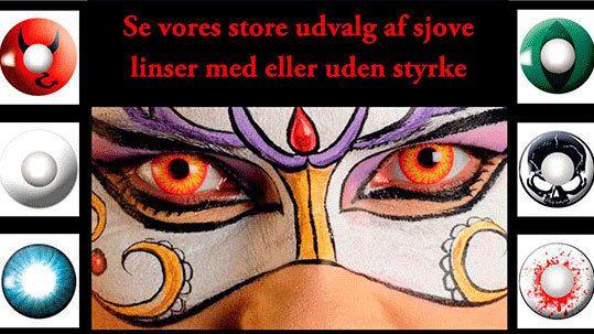 Øjne med farverige kontaktlinser og ansigt med kunstnerisk makeup, præsenteret med tekst om linser.