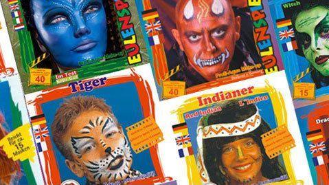 Ansigtmaling med forskellige temaer som tiger og indianer, præsenteret på farverige kort.