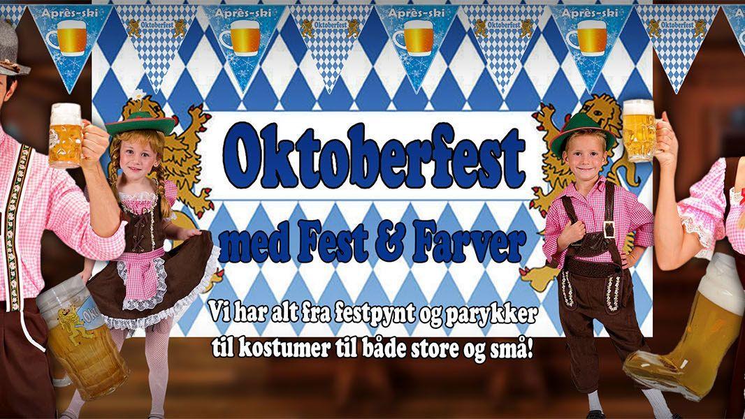 Oktoberfest med festlige børn i traditionelle kostumer, ølkrus og farverige dekorationer.