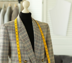 Mannequin med en gråternet blazer og et målebånd hængende over skuldrene.