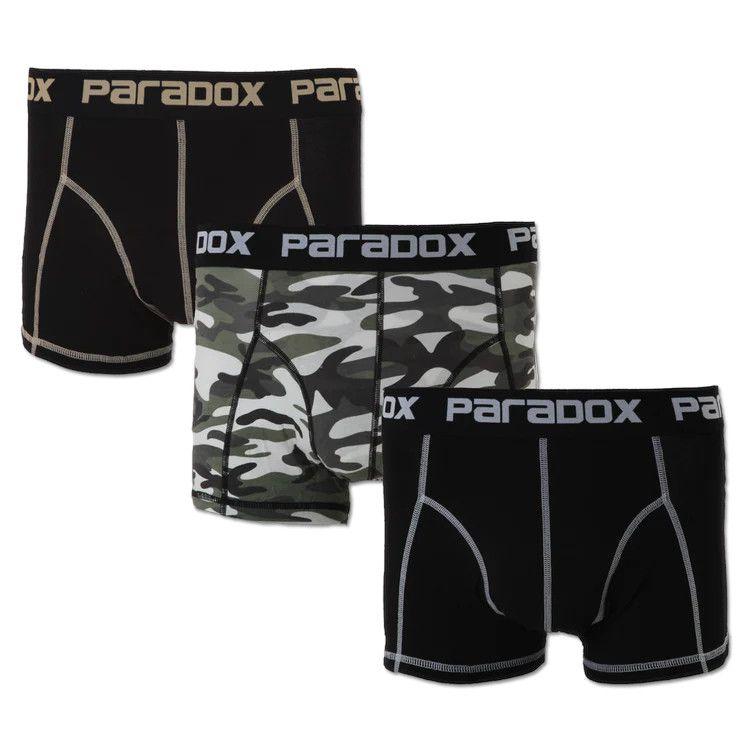 Tre par herreboxershorts fra Paradox i sort og camouflage mønster. Komfortabelt design med elastisk talje.