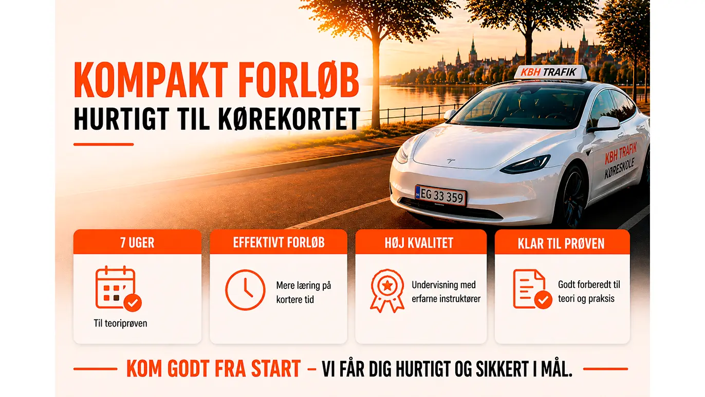 Kompakt forløb til kørekort med en hvid bil og information om effektiv undervisning og hurtig prøvning.