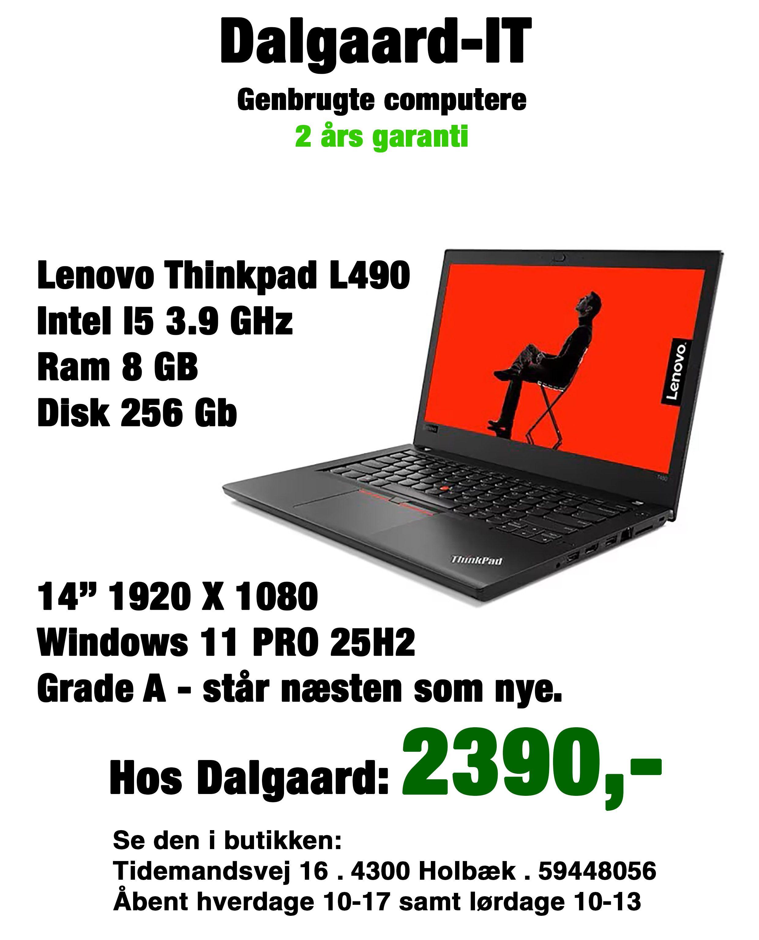 Lenovo Thinkpad L490 bærbar computer med Intel i5, 8 GB RAM, 256 GB disk og Windows 11, til salg hos Dalgaard-IT.