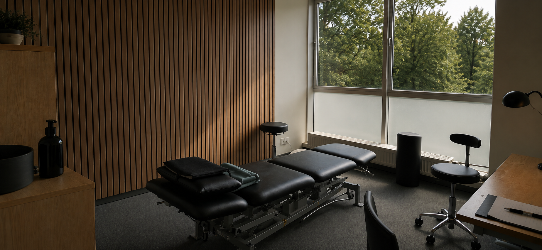 Behandlingsrum med en massagebriks, kontorstol og store vinduer, der giver udsigt til træer udenfor.