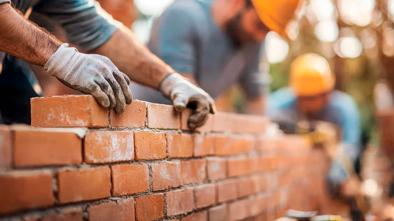 Håndværkere bygger en mur med mursten, iført sikkerhedshjelme og arbejdshandsker.