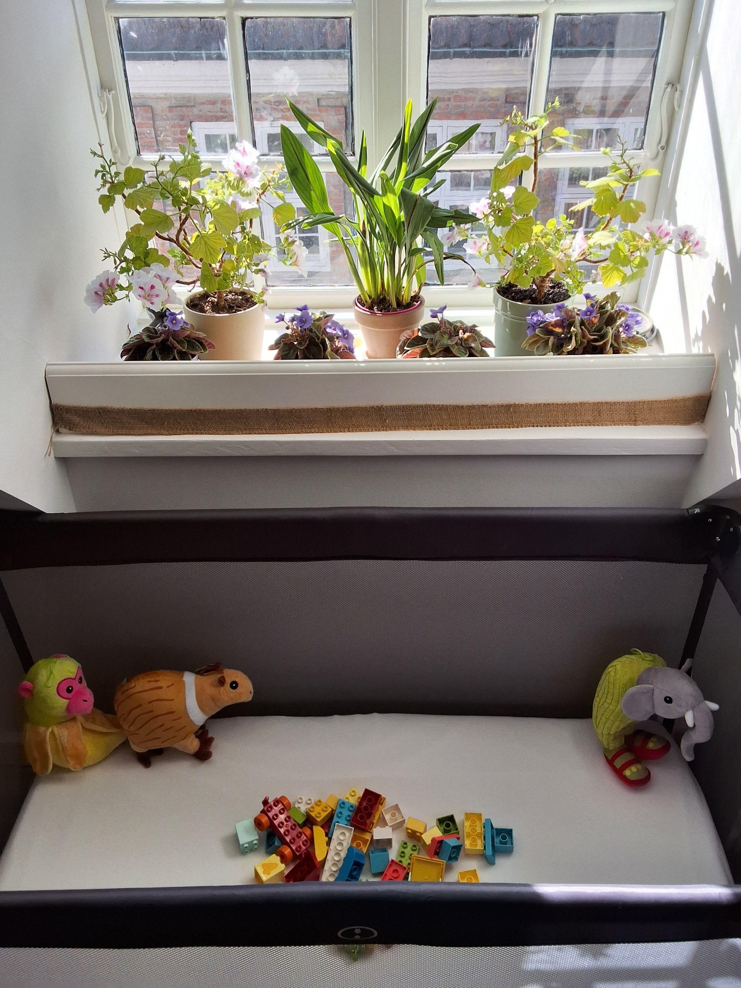 Vindueskarm med blomsterpotter og legetøj i en vugge, herunder klodser og bamser.