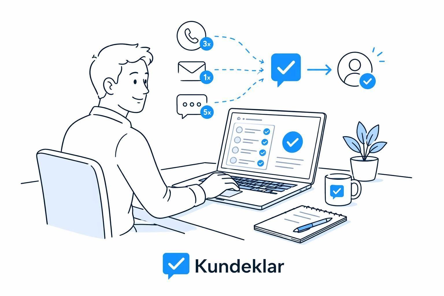 En mand sidder ved en computer og arbejder med kundesupport, med ikoner for beskeder og opkald omkring ham.