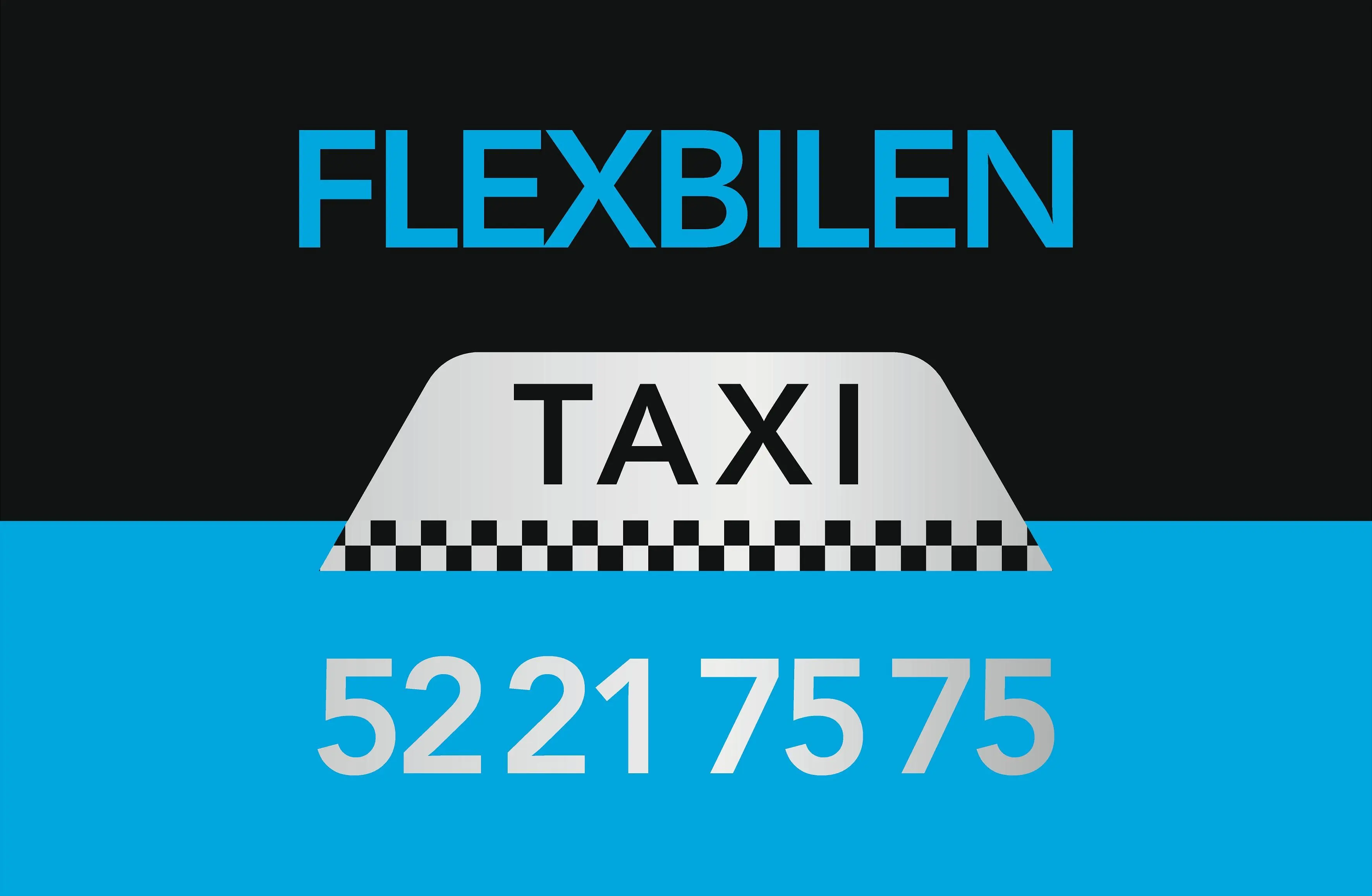 Flexbilen taxa logo med telefonnummer 5221 7575 og sort-hvidt ternet mønster.
