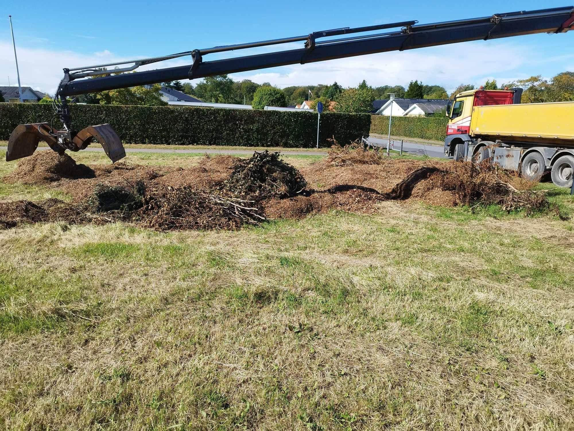 En gravemaskine løfter jord og affald på en græsplæne ved en vej, med en lastbil i baggrunden.