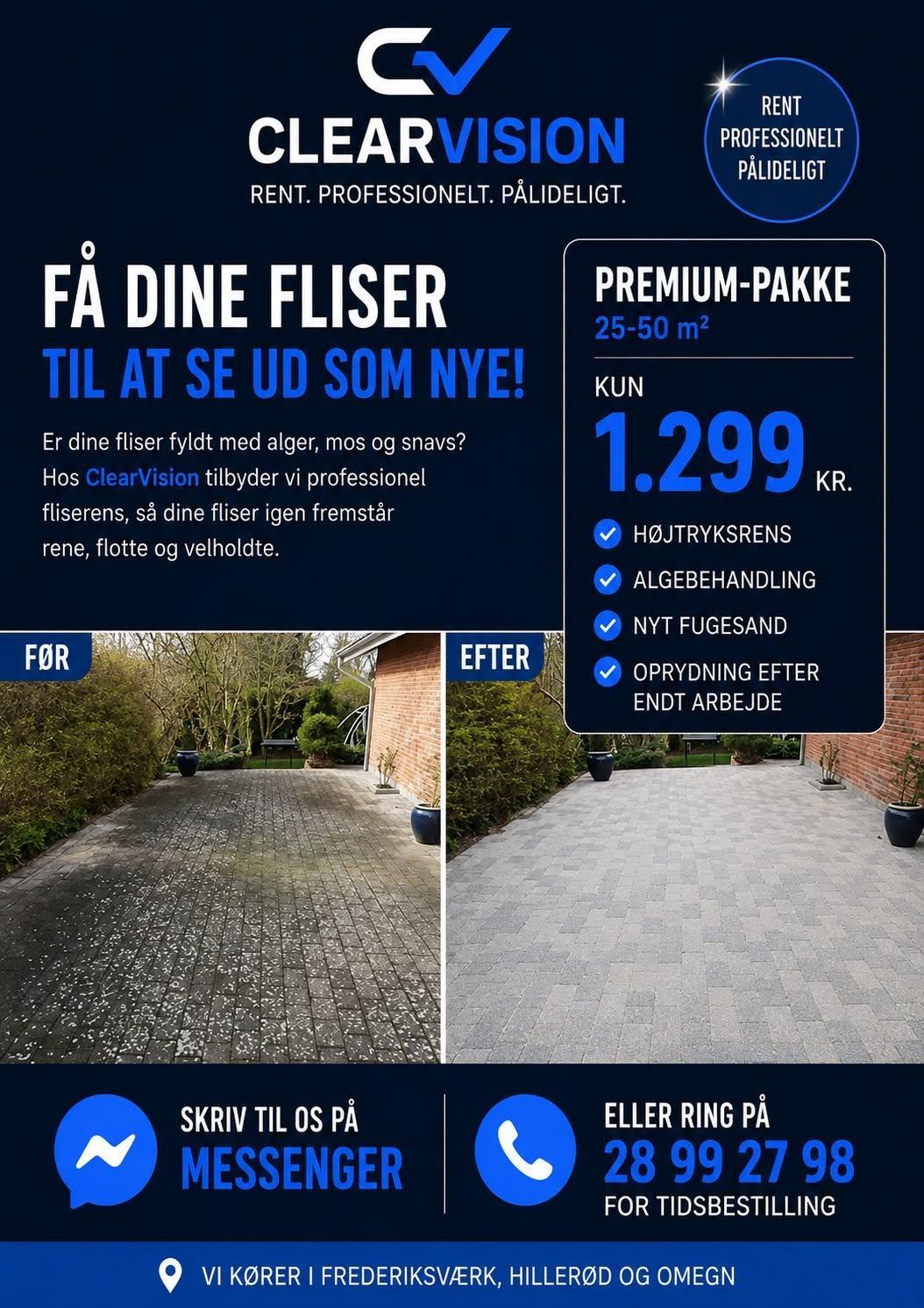 Annonce for Clear Vision med før- og efterbillede af fliser, der ser nye ud, samt information om premium-pakke og priser.