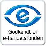 Godkendt logo fra e-handelsfonden med et blåt øje og teksten "Godkendt af e-handelsfonden" under.