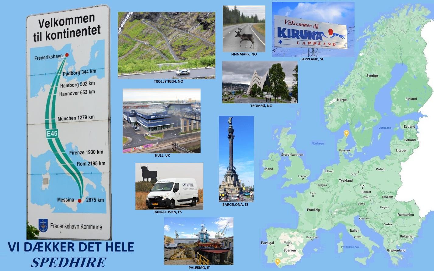 Kort over Europa med billeder af Kiruna, transport og natur, samt en velkomstskilt til kontinentet.